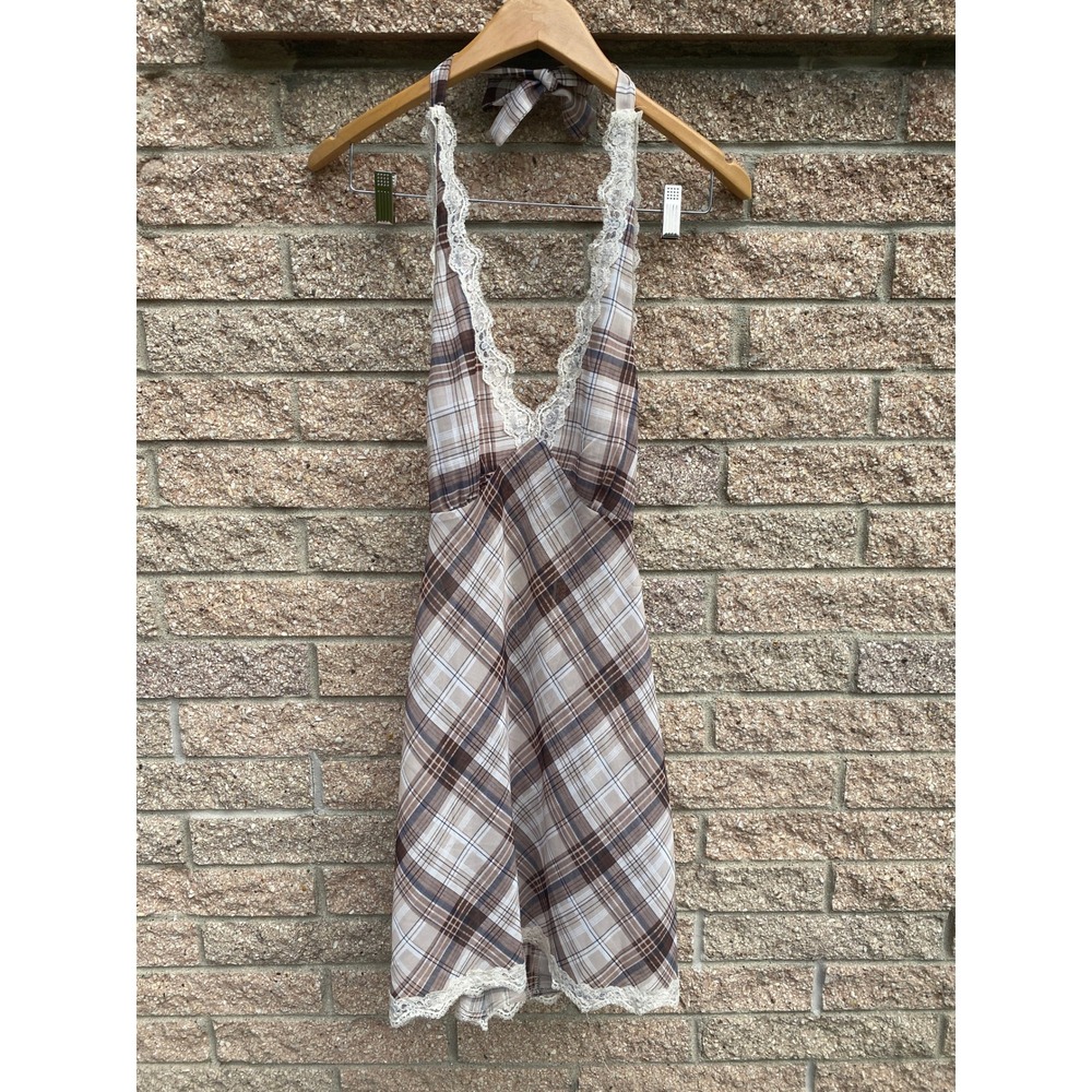 Lioness Stars Align Mini Dress Halter Plaid Lace Large Tan Coquette Party Sheer - Picture 4 of 9